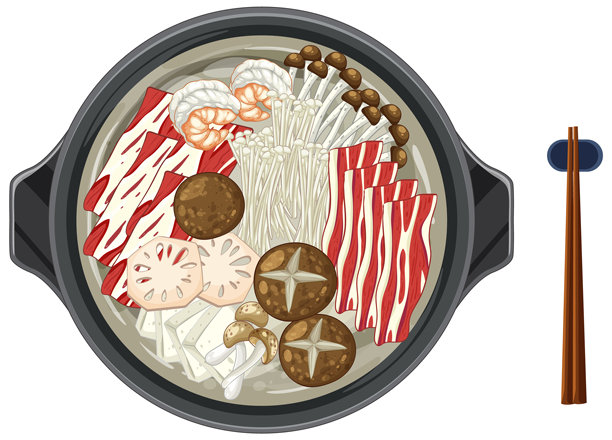 传统亚洲火锅与新鲜食材图片下载