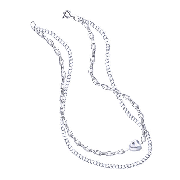 银色项链，配有两条链子和巴洛克珍珠吊坠。用于目录设计、商店橱窗、品牌包装、室内设计和婚礼活动的独立水彩珠宝插图。图片下载