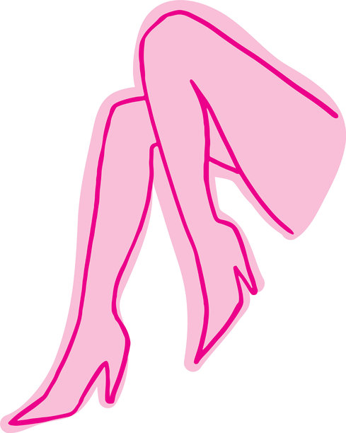 高跟鞋女性腿部，膝盖弯曲，一条腿抬起，侧面视图。用光滑的粉色线条勾勒，复古风格，粉色背景上的粉色线条，刷子绘制的涂鸦，矢量插图。图片下载
