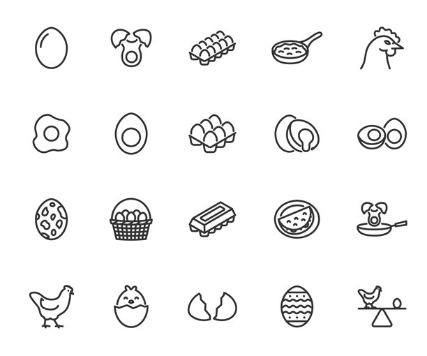 鸡蛋线条图标的矢量集合。包含煮鸡蛋、煎蛋卷、蛋黄、鸡、蛋壳、炒鸡蛋、复活节彩蛋、鹌鹑蛋等图标。像素完美。图片下载