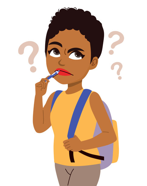思考的黑人女孩，嘴里叼着笔，背着书包，面带沉思，背景有问号。图片下载