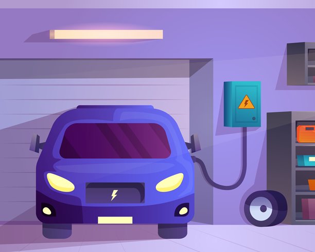 家用电动车充电器。车库内的电动汽车充电站，混合动力电动车生态能源自动充电停车，卡通室内矢量插图。图片下载