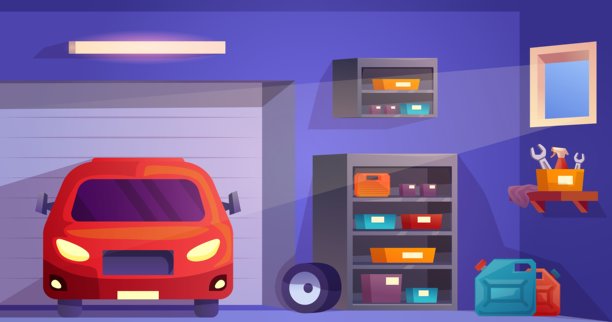 车库内的汽车。家用停车车间，室内房屋卡通风格，工具储存柜，货架，汽车修理工，红色家庭车辆的矢量插图。图片下载