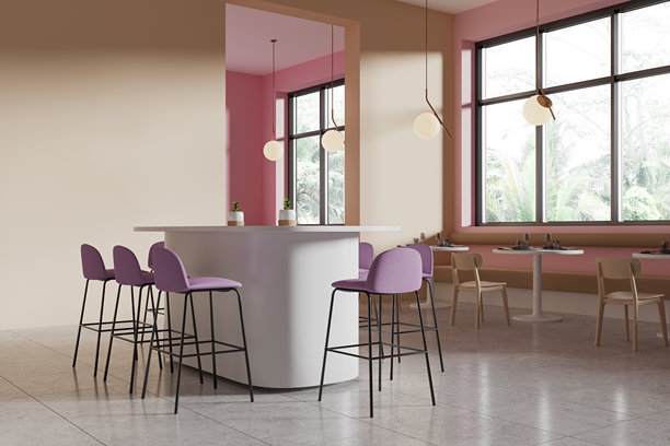 咖啡馆的现代内部，有吧台，紫色的椅子和圆桌，淡粉色的墙壁。氛围轻盈，极简设计。三维渲染图片下载