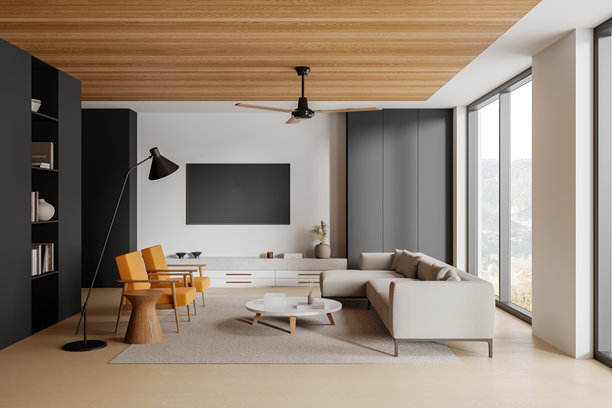 时尚的酒店客厅内部配有柔软的地方和电视屏幕，窗户图片下载