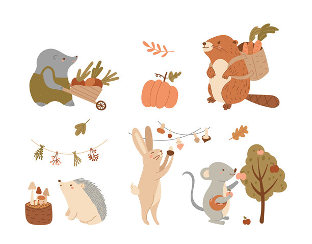 可爱的野生动物在森林栖息地采摘蔬菜、水果、浆果和蘑菇的独立组合图片下载