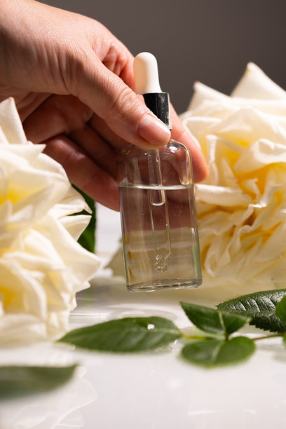 手握油滴瓶，旁边是美丽的白色玫瑰花蕾和绿色叶子图片下载
