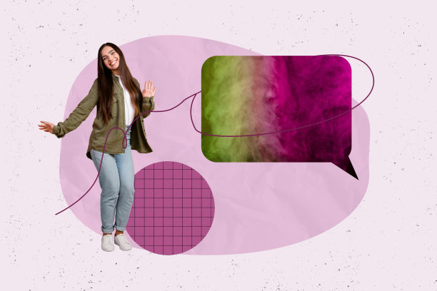 时尚流行艺术图像，充满了快乐女孩和男孩的照片拼贴，展示了气泡沟通、聊天通知和对话交流。图片下载