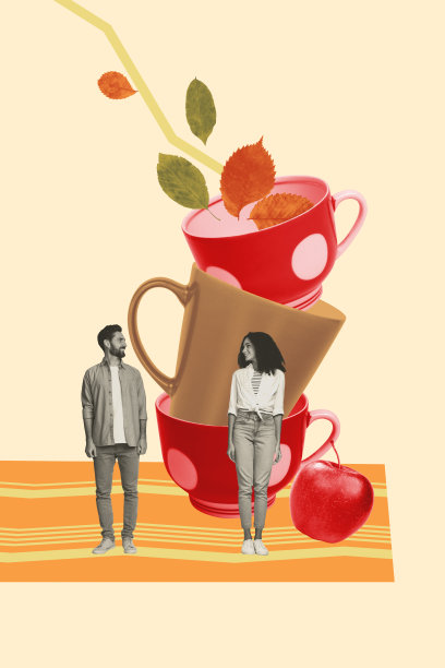 秋季户外天气的趋势艺术合成横幅，3D照片拼贴，复古风格，杯子，苹果，情侣站在约会中，女人和男人图片下载