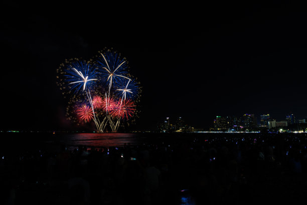 泰国春武里府芭堤雅，芭堤雅湾的真实烟花，芭堤雅国家烟花节比赛，每年十一月，在海中央绚丽的烟花表演，适合明信片壁纸背景照片。图片下载