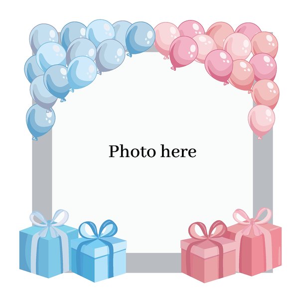 性别揭晓照片框，配有气球和礼物，男孩还是女孩图片下载