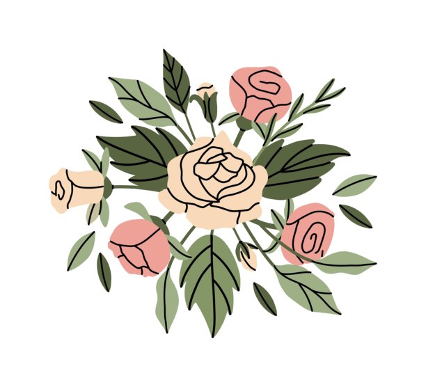 玫瑰花的组合。粉色花朵和绿色叶子。装饰元素，框架，边框和分隔线，下划线。花束与花朵。植物花环。矢量卡通平面独立插图。图片下载