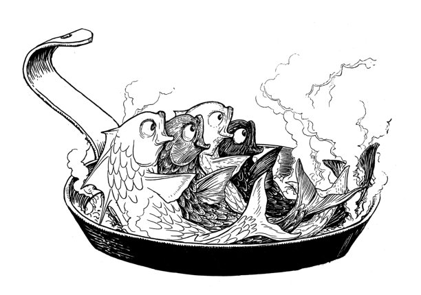 来自天方夜谭寓言书:锅里的鱼的古董艺术新自由雕刻插图图片下载