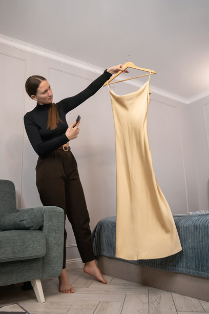 时尚设计师用智能手机拍摄挂在木衣架上的米色丝绸裙子，为在线商店或社交媒体创作视觉内容。竖版照片图片下载