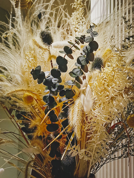 室内的干花花束。干花的组合。特写，竖版照片。图片下载