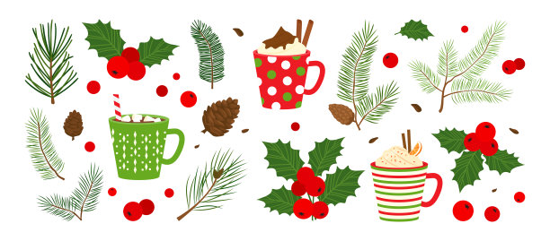 圣诞装饰图标。冬季树木、冬青浆果、冷杉、松果、槲寄生、叶子针、常青植物。节日杯热巧克力。圣诞卡通套装，白色背景上独立展示。矢量图。图片下载