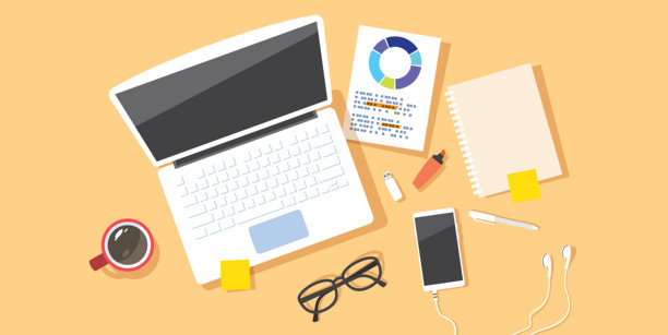 带有笔记本电脑的办公室工作空间矢量插图图片下载