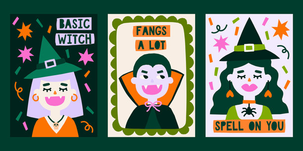 剪切风格的万圣节角色矢量海报套装。可爱的复古风格秋季印刷设计，包含女巫和德古拉的插图。图片下载