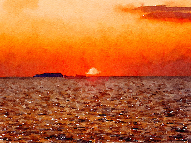 在彭布罗克郡海岸上，水彩画风格的令人惊叹的橙色日落海滩风景图片下载