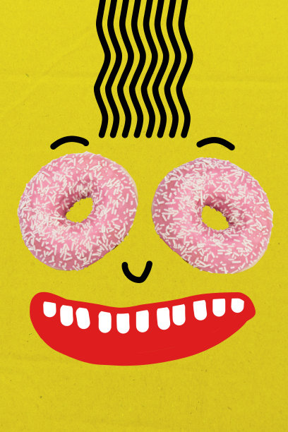 草图设计趋势艺术海报 3D 照片拼贴，表现情感的微笑卡通脸，甜甜圈眼睛、嘴巴、微笑、牙齿，甜美、美味、有趣图片下载