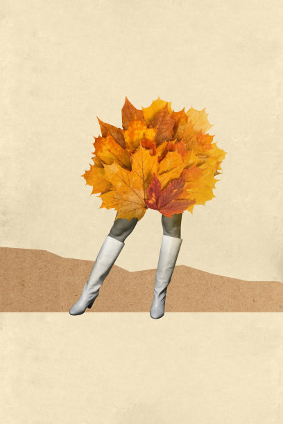 创意照片拼贴趋势艺术作品模板，女性身体腿部站立姿势，穿着时尚靴子，手持枫叶花束，户外秋季场景。图片下载