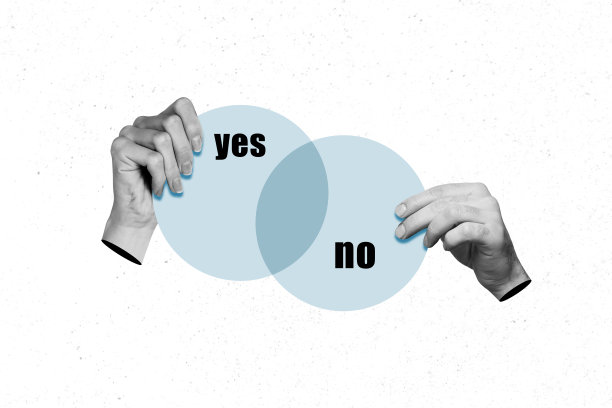 透明圆圈中两只手臂握住手指的复合3D照片拼贴设计趋势草图，投票选择“是”或“否”的决策反馈。图片下载