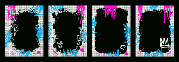 带有皇冠、心形和闪电的磨砂白色半色调框架模板。涂鸦喷漆艺术布局背景集。用于照片的气刷喷溅装饰边框。矢量嘻哈墙面框架。图片下载