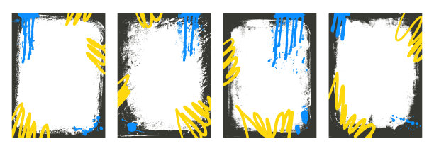 涂鸦喷漆艺术布局背景框架集的磨损边框模板。带有喷气涂料线条的边框。适用于照片的墨水朋克装饰。复古纹理横幅集叠加。矢量嘻哈墙面插图。图片下载