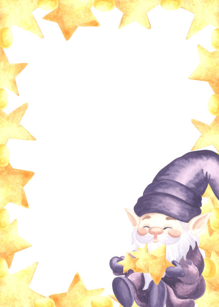 可爱的侏儒和金色星星水彩框架插图。手绘的独立垂直边框，带有魔法精灵，适合婴儿设计。适合儿童主题的温馨风格明信片模板，留有空白空间。图片下载