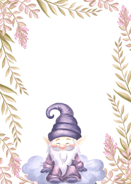 可爱的侏儒和野花水彩框架插图。手绘的孤立花卉边框，带有魔法精灵，适合婴儿设计。带有空白空间的明信片模板，适用于童话儿童主题。图片下载