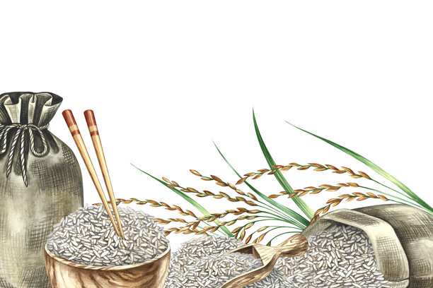 边框装饰，包含大米、麻袋、木碗、米粒、木铲和筷子。水彩插图。适用于菜单、食谱和烹饪书籍、横幅和包装、标签等。图片下载
