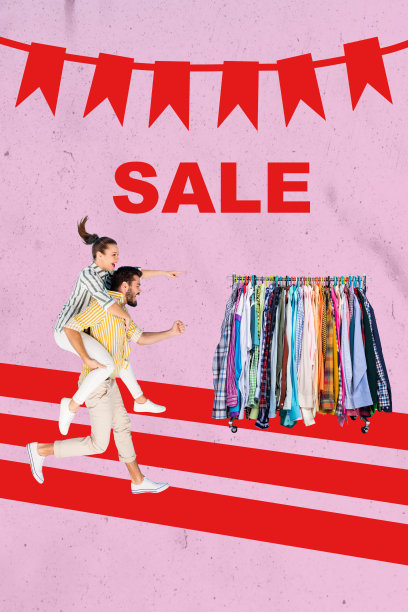 年轻男子创意3D照片拼贴，拉着女士奔跑，低价最终清仓，黑色星期五购物者折扣广告图片下载