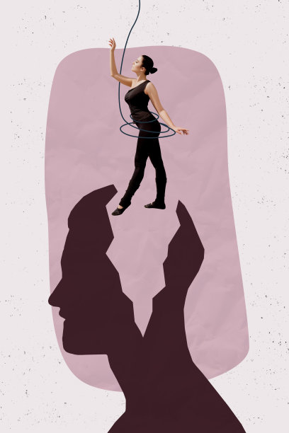 垂直的流行3D素描照片拼贴，描绘了一个思想独立的女孩，站在假新闻宣传带、洗脑木偶、剥削和压力的背景下。图片下载