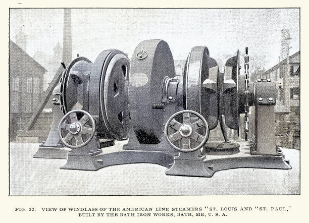 海事历史，蒸汽动力的绞盘或缆绳机，美国航线轮船，圣路易斯，由巴斯铁工厂建造，19世纪，复古照片图片下载