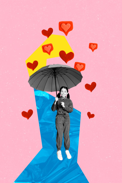 年轻女孩手持伞的素描模板设计照片拼贴，像横幅一样流行，心形媒体网络关注。图片下载