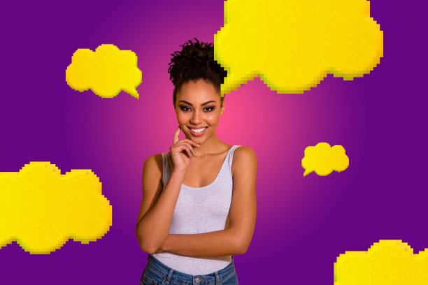 3D图像杂志艺术流行趋势拼贴，快乐的女孩和男孩站在气泡中，通信简历图标网页聊天对话。图片下载