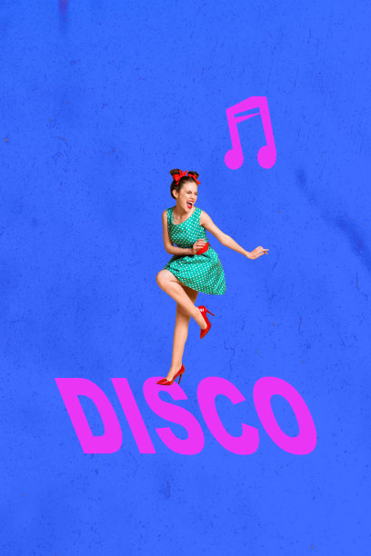 趋势艺术横幅草图 3D 照片拼贴复古女郎裙子年轻女性在迪斯科之夜无忧无虑的活动夜总会娱乐图片下载