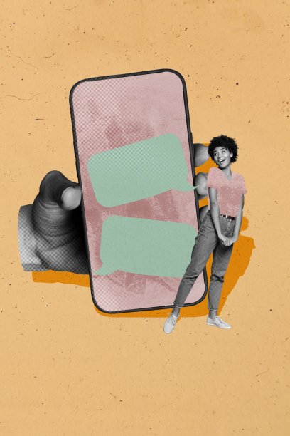 时尚的3D杂志风格竖版照片拼贴，快乐女孩站在大手机设备屏幕前，接收聊天消息应用的通知。图片下载