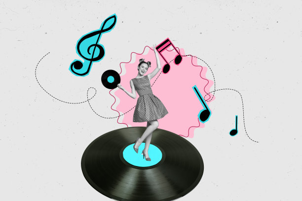 趋势艺术横幅草图 3D 照片拼贴，快乐的复古女孩手持黑胶唱片，庆祝音符旋律，周末迪斯科放松图片下载