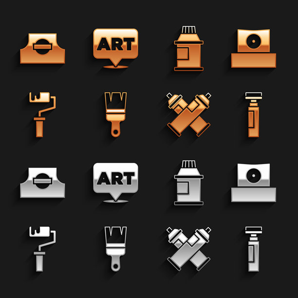 绘画工具套装：画笔、喷罐喷嘴盖、马克笔、颜料等图标矢量素材图片下载