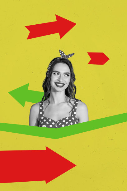 插画风格的拼贴艺术作品，展示了一位微笑的年轻女士，配有箭头、冒险、目标标志和成就的主题。图片下载