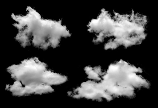 逼真的白云，孤立在黑色背景上，完美适用于设计、天气、天空、氛围、梦幻、自然和抽象概念。高质量的库存照片，适合创意项目。图片下载