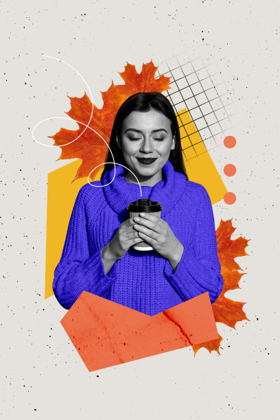 年轻女士微笑放松，手握热饮，秋季户外树叶假日的复合3D照片拼贴趋势模板图片下载