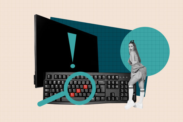 趋势艺术横幅 3D 照片拼贴，快乐的男商人和女商人在工作场所站在电脑显示器、键盘旁，简历和放大镜。图片下载