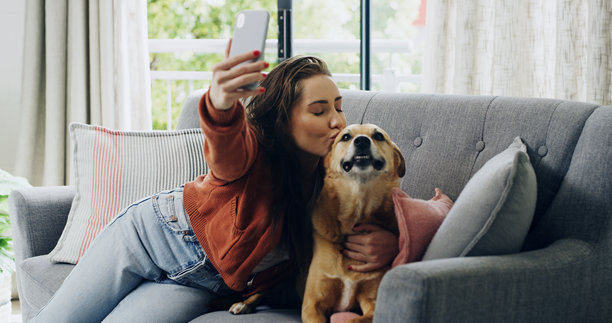 女人、狗和沙发上的自拍，亲吻在家中，拥抱并兴奋地准备在客厅的网络上发布。人与宠物动物在沙发上的爱与摄影，个人资料照片或社交网络上的公寓。图片下载