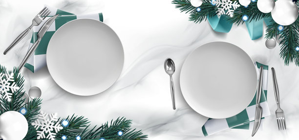 圣诞节的餐桌布置，使用白色餐具图片下载