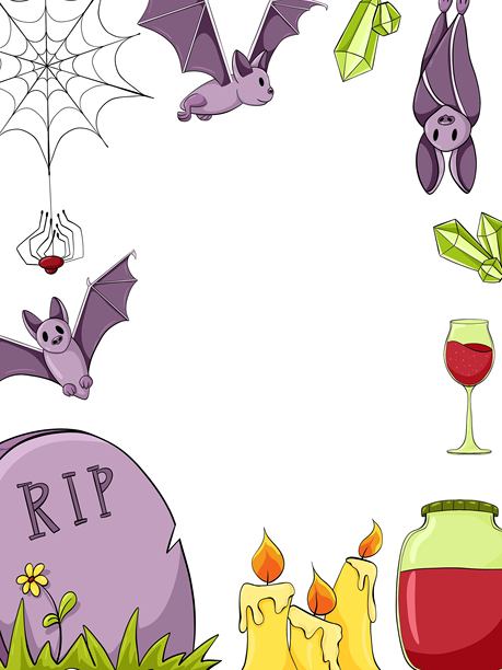 万圣节竖版框架，包含蝙蝠、蜘蛛、墓碑、蜡烛和一杯红酒。矢量卡通手绘插图，留有空白空间用于邀请函、传单、横幅和贺卡。图片下载