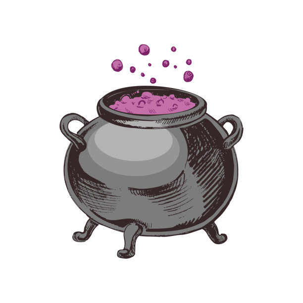 手绘复古风格的女巫锅，锅中煮着紫色药水，黑暗哥特式的万圣节恐怖插图图片下载