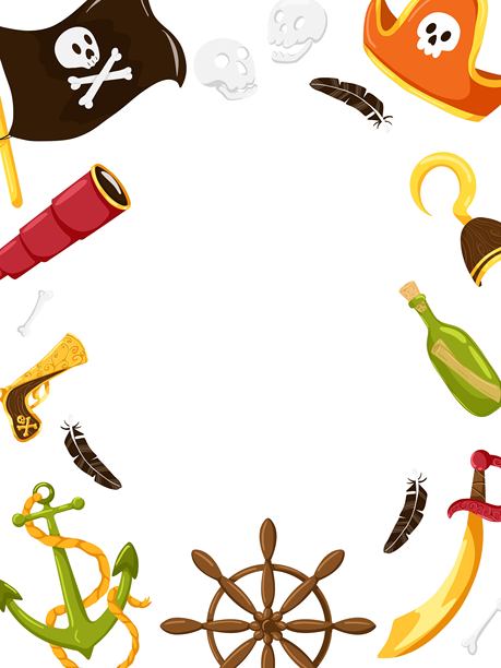 海盗框架。钩子、锚、旗帜、舵、武器。适合儿童派对邀请、竖版横幅、贺卡的矢量卡通插图，留有空白空间。图片下载