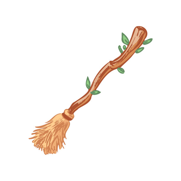 手绘复古风格的乡村女巫扫帚，木制手柄和绿色叶子，充满魔幻的万圣节季节气息图片下载